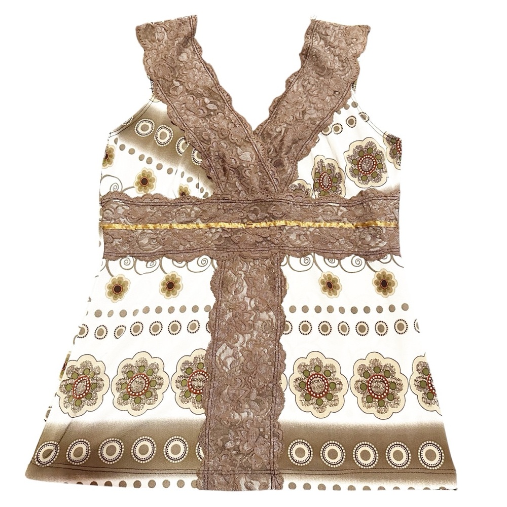 Y2K Brown and cream floral lace top with a V-neck and lace trim - Picture 1 of 7